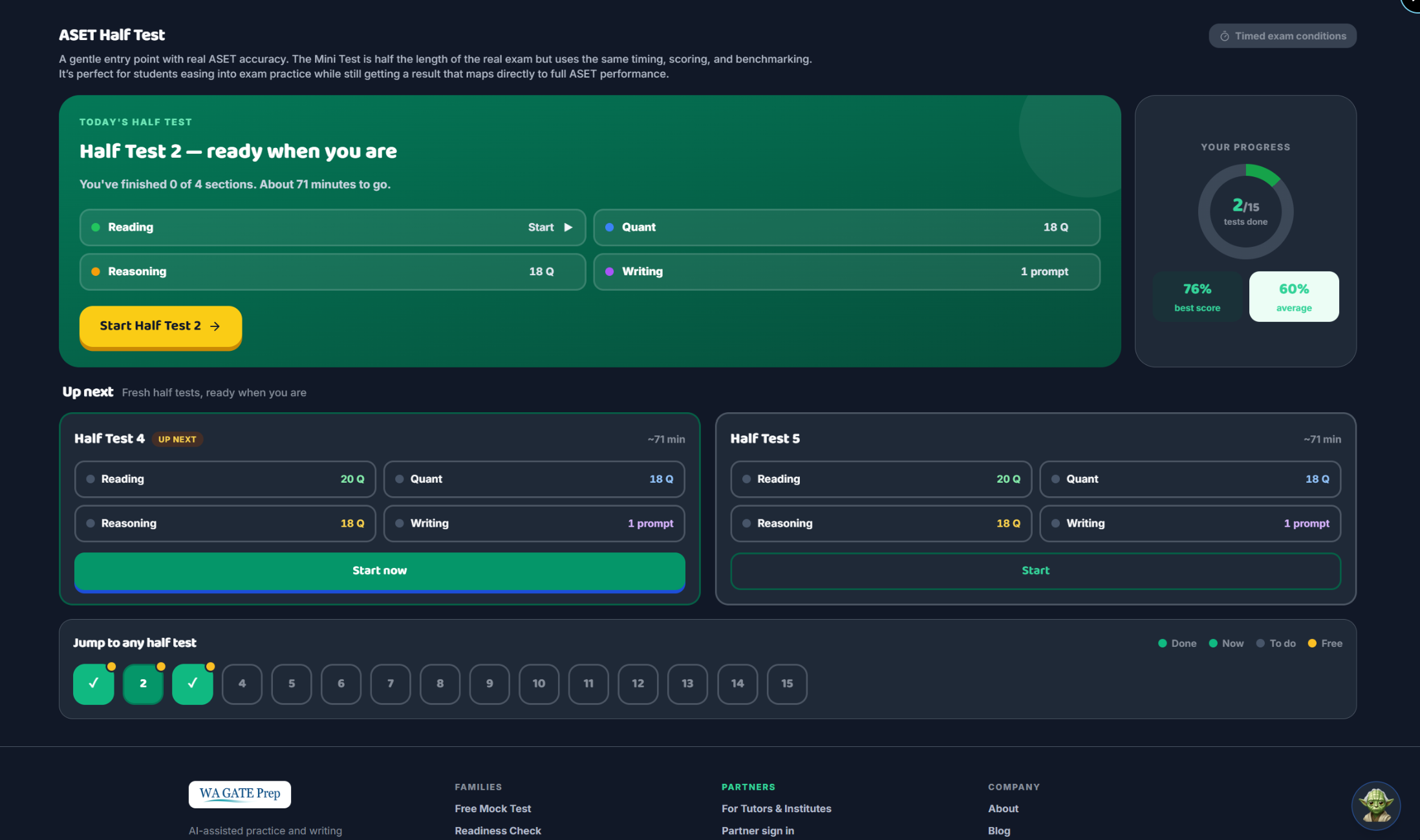 ASET Mini (Half) Test hub — Reading, Quant, Reasoning and Writing sections, about 71 minutes, with a Your Progress panel showing best score and average