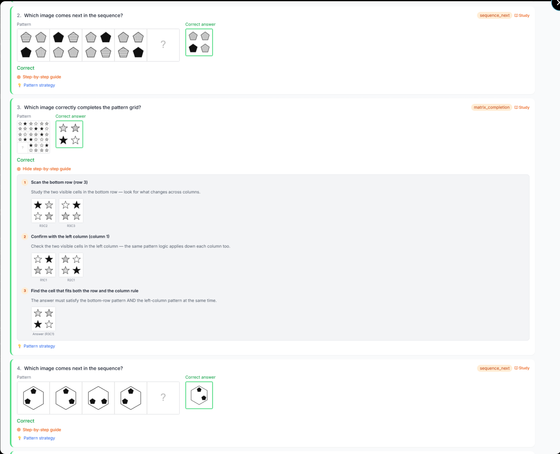 Question review — Abstract Reasoning matrix and sequence questions each with a step-by-step guide walking through the row rule, the column rule, and the answer